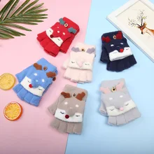 

Kids Lovely Fox Gloves Winter Warm Half-finger Clamshell Children Gloves Flip Cartoon Plus Velvet Cute Gloves Boys Girls Gifts