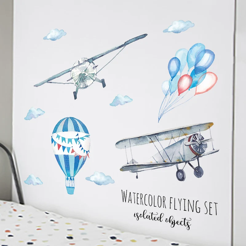 Large Watercolor Hand-painted Airplane Balloon Children Room Wall Stickers for Kindergarten Wall Decor Plane Flying room mural