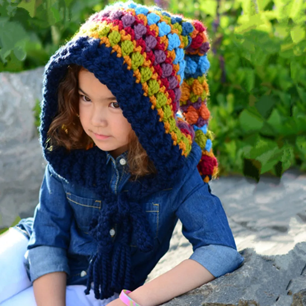 Keep Warm Christmas Winter Thickening Children Hat Crochet Rainbow Long Tail Knit Hat Fleece Lined Headwear kids kawaii ski hat