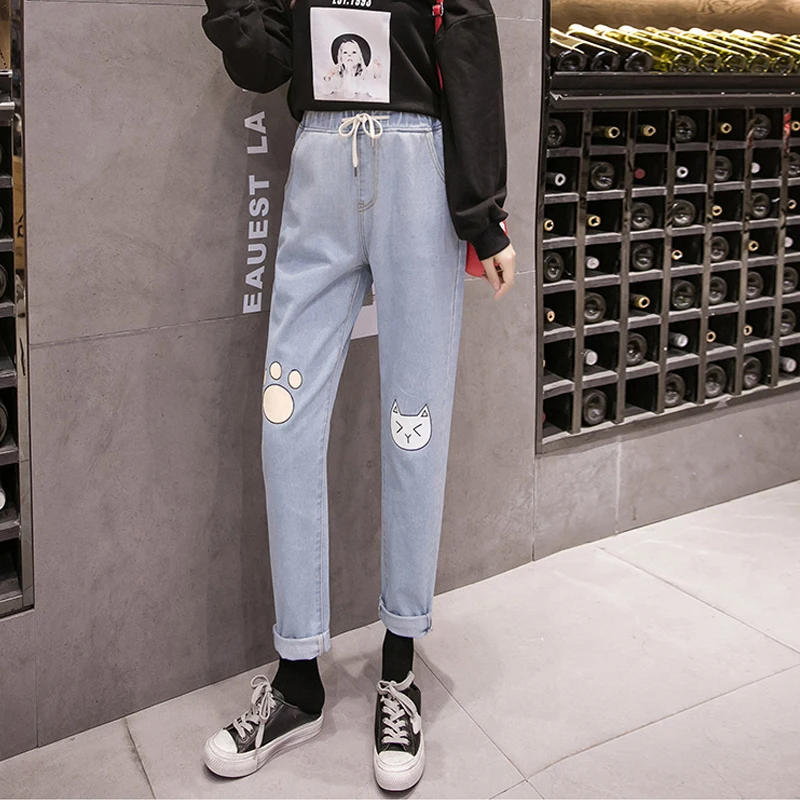 

Cartoon Pattern Jeans Women's Autumn Winter 2020 High Waist Loose Down Cat Harlan Plus Size 5xl Denim Long Women Pants 283C