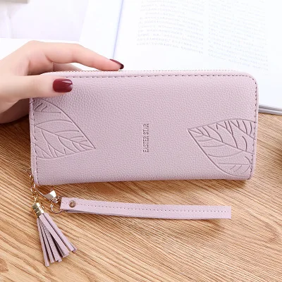 Pink Женские кошельки и кошельки из искусственной кожи, Женский кошелек на запястье с принтом в виде листьев, длинный женский кошелек, Большая вместительная сумка, женский кошелек - Цвет: Pink