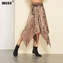 INGOO весенние кофейные плиссированные юбки женские элегантные милые вечерние юбки с асимметричным подолом и высокой талией однотонная Длинная тонкая юбка женская