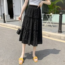 

White Elegant Women High Waist Faldas Solid Casual Vintage A-Line Summer Skirts Black Lace Pleated Female Chiffon Long Skirt New