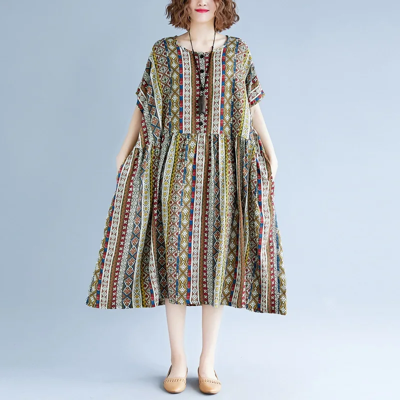 

Fat Mm Retro Mid-length Stripes Loose-Fit Cover Belly over-the-Knee Slimming Short-sleeve Dress