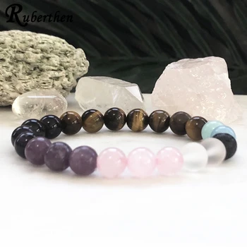 

Ruberthen New Design Womens Gem Stone Bracelet Rose Quart z Black Tourmaline Bracelet Spiritual Healing Yoga Wrist Mala Bracelet