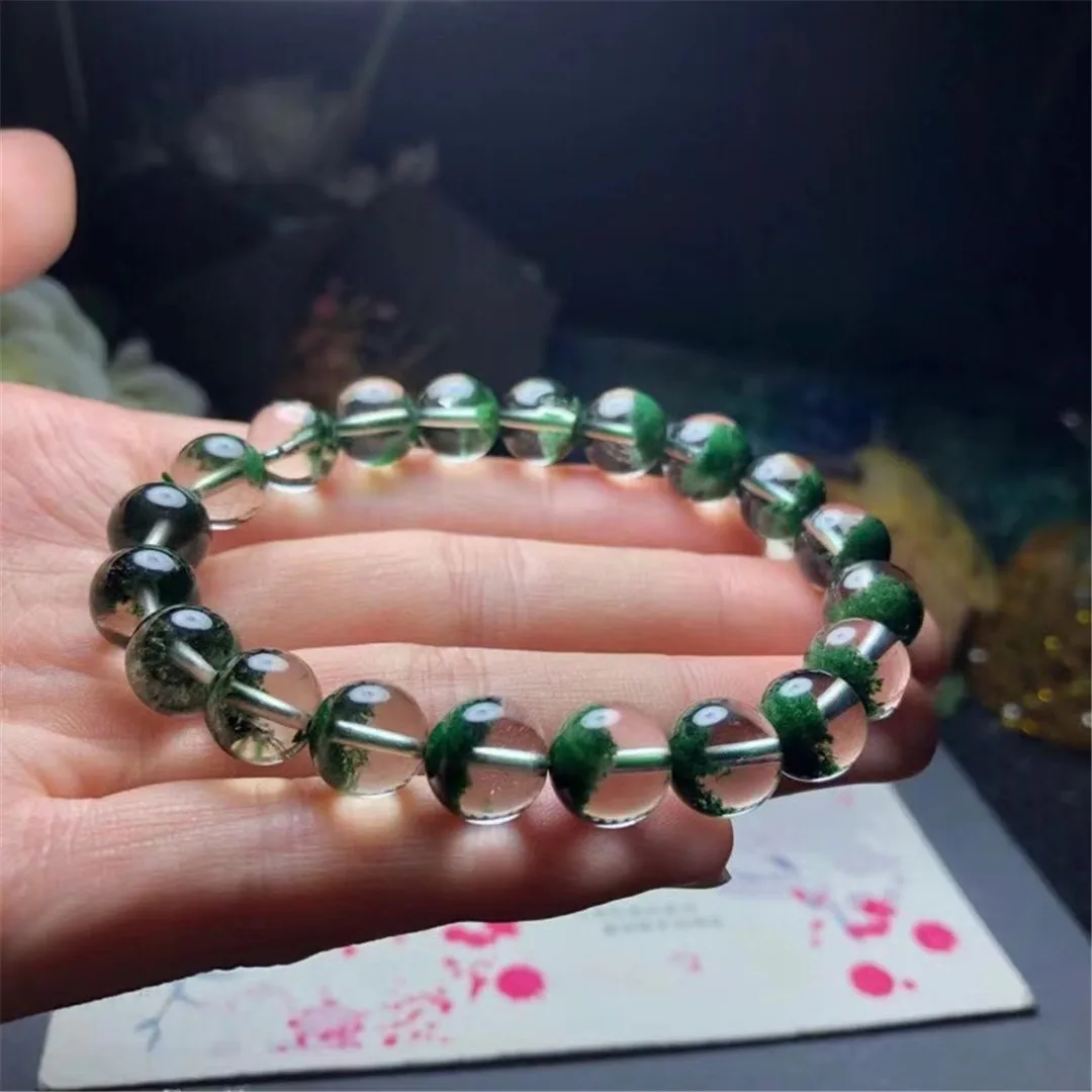 9mm Natural Clear Quartz Green Phantom Crystal Gemstone Round Beads Bracelet