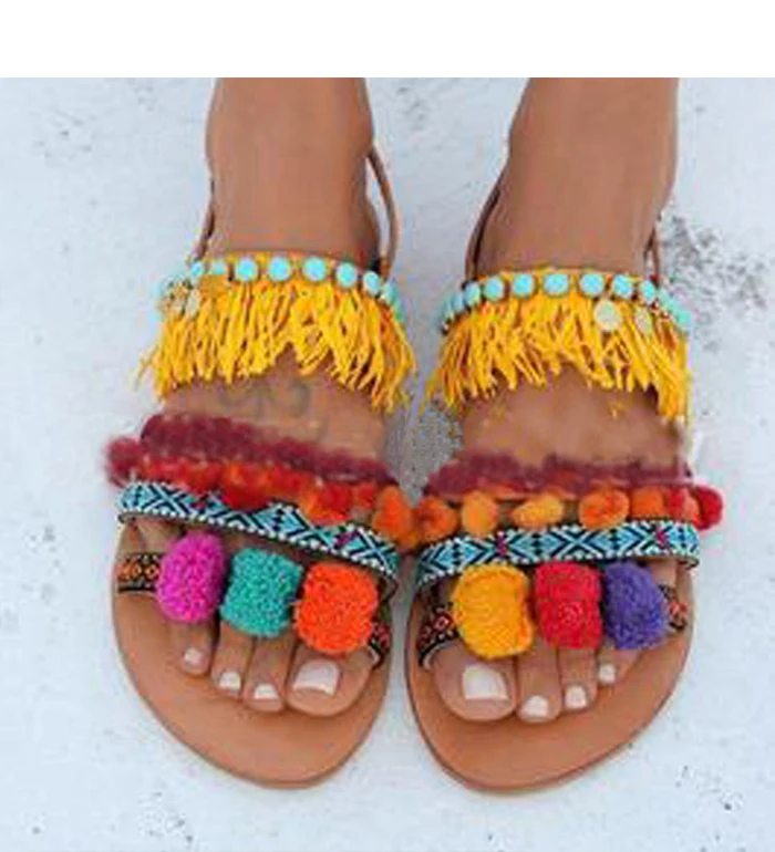 NAN JIU/ г. Летние сандалии в этническом стиле женские сандалии на плоской подошве шарики для волос с бахромой женские туфли с металлическим украшением в римском стиле