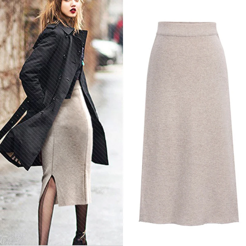 Women Skirts Autumn Winter Warm Knitted Straight Skirt Elastic Mid-Long Skirt Black Split Stretchy Skirts