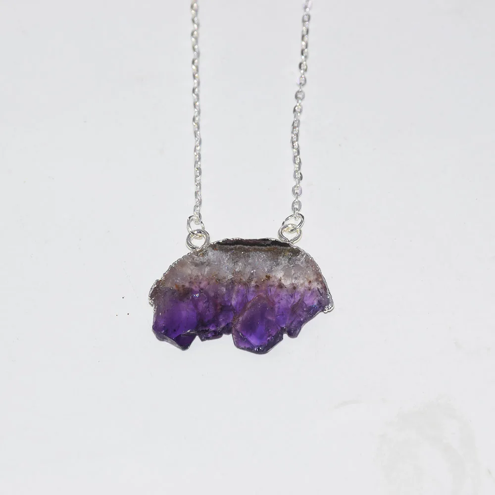 Натуральный срез аметисты Geode Druzy ожерелье с застежкой женское серебро золото ободок сырой кристалл фиолетовый кварц цепь ожерелье мужчины