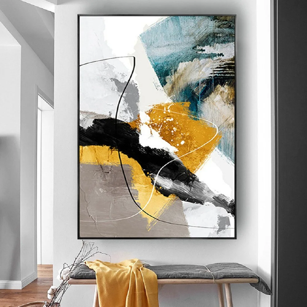 

Gold Abstract Creative Streamlined Pattern Hand-Painted Oil Painting Large Blue Yellow Wall Decor Art Bedroom Pendant Picture