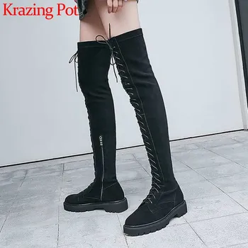 

Krazing Pot leisure vintage stretch long boots round toe med heels side Zip women winter keep warm solid thigh high boots L10