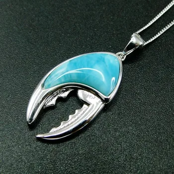 

High Quality 925 Sterling Silver Blue Natural Larimar Crab Claw Pendant Necklace for Women Jewlerys