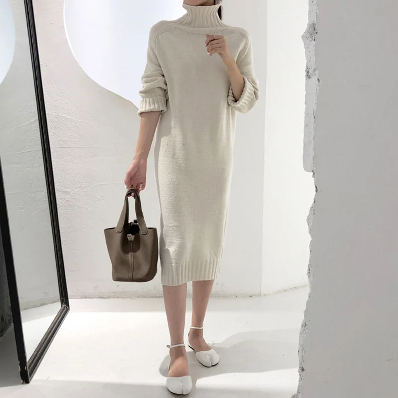 Платье-Свитер, женское вязаное однотонное платье с высоким воротом, осенне-зимнее теплое вязаное женское прямое длинное платье, свободное миди Vestidos - Цвет: White