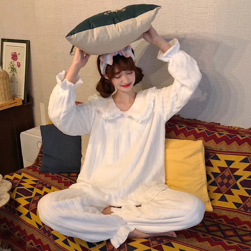 Милый Японский Корейский Kawaii пижамный комплект зимняя Пижама с рюшами Ночная одежда для отдыха теплая Пижама женская одежда для сна комплект из двух предметов
