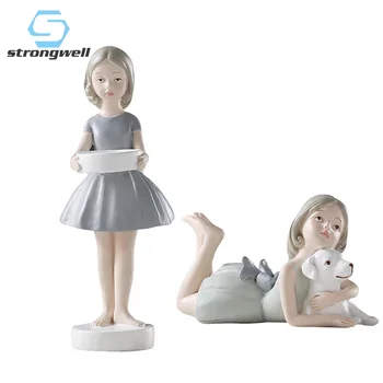 

Strongwell Nordic Girl Doll Statue Dog And Girl Tray Resin Craft Figurine Home Wedding Decoration Friend Birthday Gift
