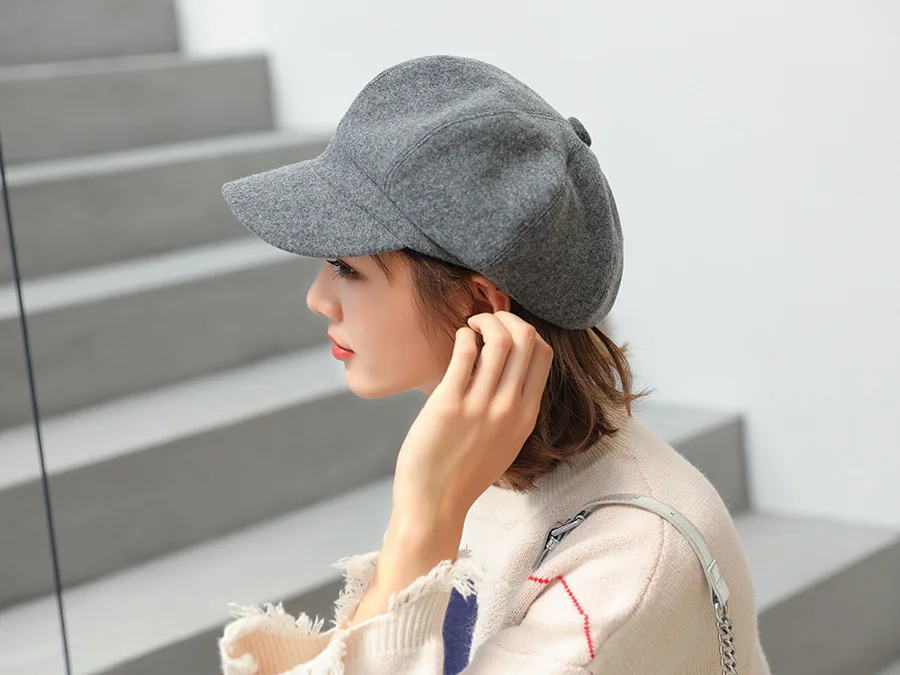 Wool Women Beret Autumn Winter Octagonal Cap Hats Stylish Artist Painter Newsboy Caps Black Grey Beret Hats