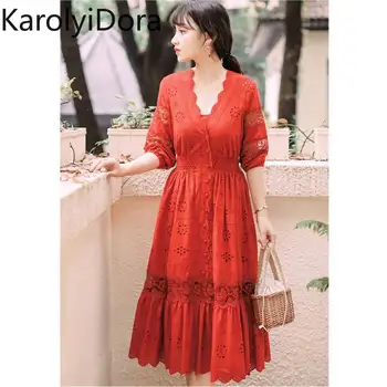 

2020 summer Women's Bohemian half Sleeve Mesh Stitching Dress Sexy Deep V-neck High Waist Openwork Embroider Dress
