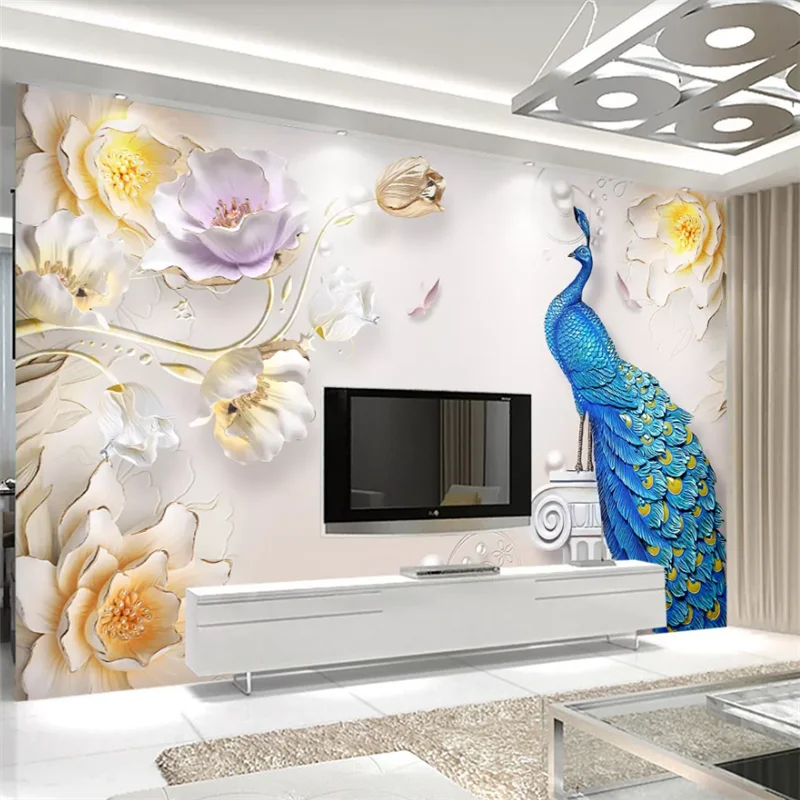 

Drop Shipping Custom Wallpaper 3d Mural Jewelry Embossed Papel De Parede Simple Peacock European-style Wall Decoration Painting