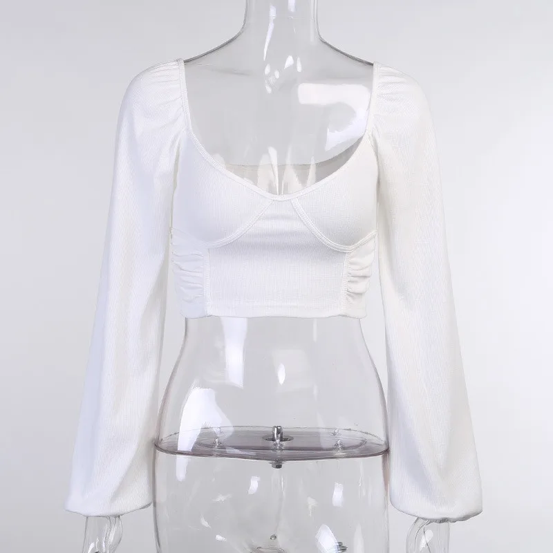 Autumn Women's White Top, Solid Color Round Neck Low-cut Slim T-shirt, Sexy Cropped Short Bottoming Shirt Female Street Wear