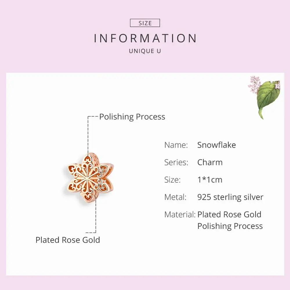 MOWIMO Real 925 Sterling Silver Snowflakes Charms Rose Gold Beads Fit Original Pandora Bracelets Pendant Luxury Jewelry BKC719-C