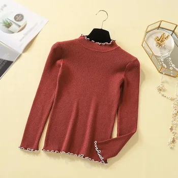 

Casual Women Sweater Autumn New Long Sleeve Solid Color Sweaters Slim Wooden Ear Knit Bottoming Top