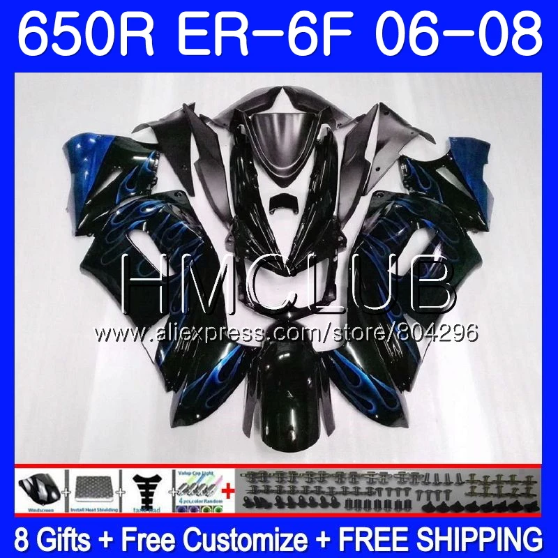 

Body For KAWASAKI NINJA 650R ER6 F 650 ER 6F 2006 2007 2008 12JK.14 Ninja650R ER-6F 06 08 ER6F 06 07 08 Fairing Kit blue flames