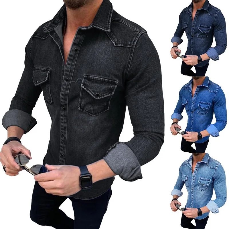 Джинсовая рубашка мужская хлопковая джинсовая рубашка модная Осенняя Повседневная приталенная рубашка с длинным рукавом ковбойская рубашка Стильные топы Азиатский Размер 3XL