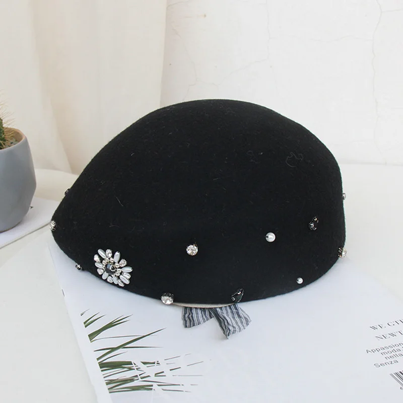 Black Wool Hat FS Элегантный женский зимний шерстяной берет, шапка в винтажном стиле, круглый верх, котелок, шапки, черный, Верблюжий, стразы, цветок, для девушек, леди, фетровые шляпы - Цвет: Black Wool Hat