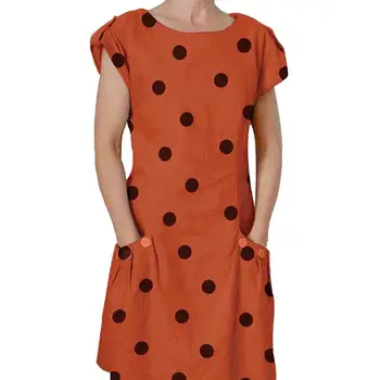 

Women Casual Loose Round Neck Short Sleeve Polka Dot Summer Dress with Pockets 2020 New Womens wear