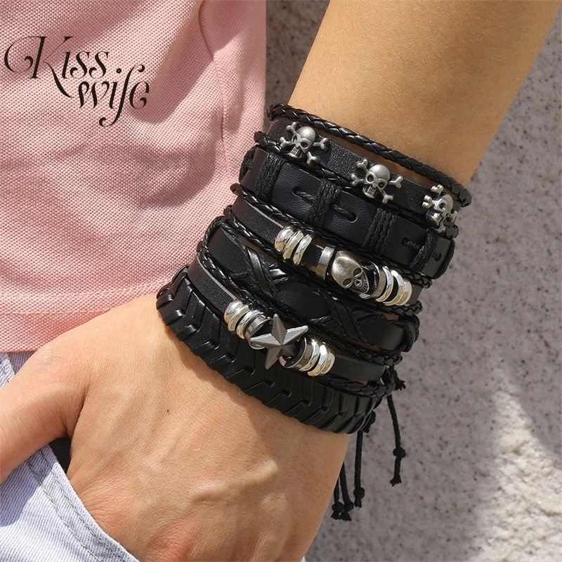 Rock Skull Star Feather Multiple Layers Leather Bracelets For Men Charms Bracelets - Image 2