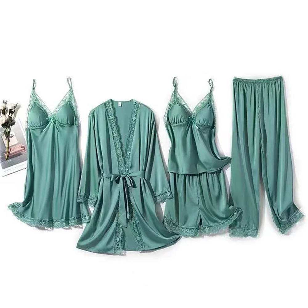 Women Sexy Pajamas 5PCS Satin Sleepwear Pijama Lace Home Wear Home Clothing Embroidery Sleep Lounge Pyjama with Chest Pads