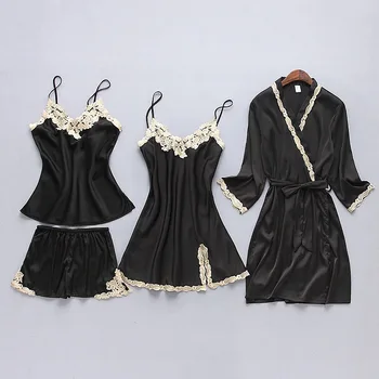 

Sexy Lady Nightwear Kimono Robe Gown Satin Long Sleeve Sleepwear Negligee Summer Home Clothing Nightgown Silky Lace Homewear