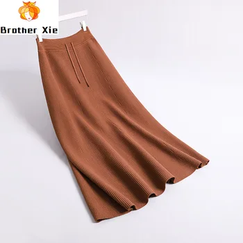

Autumn 2020 Women High Waist Knitted Long Skirt Stretch Vintage Women A-Line Thick Winter Skirt Black Faldas Jupe Femme Saia
