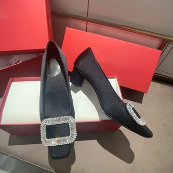 

Women Shoes 2020 Ladies Pumps Black Silk Rhinestone Bling Square Toe 4.5cm High Heels Sexy Party Shoes Design Scarpe Donna