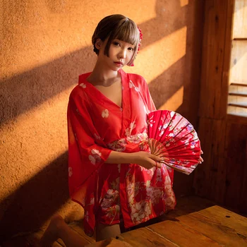 

Sexy Kimono Uniform Chiffon Floral Nightwear Bath Robe Yukata Party Geisha Costumes Traditional Japanese Kimono Women Sleepwear