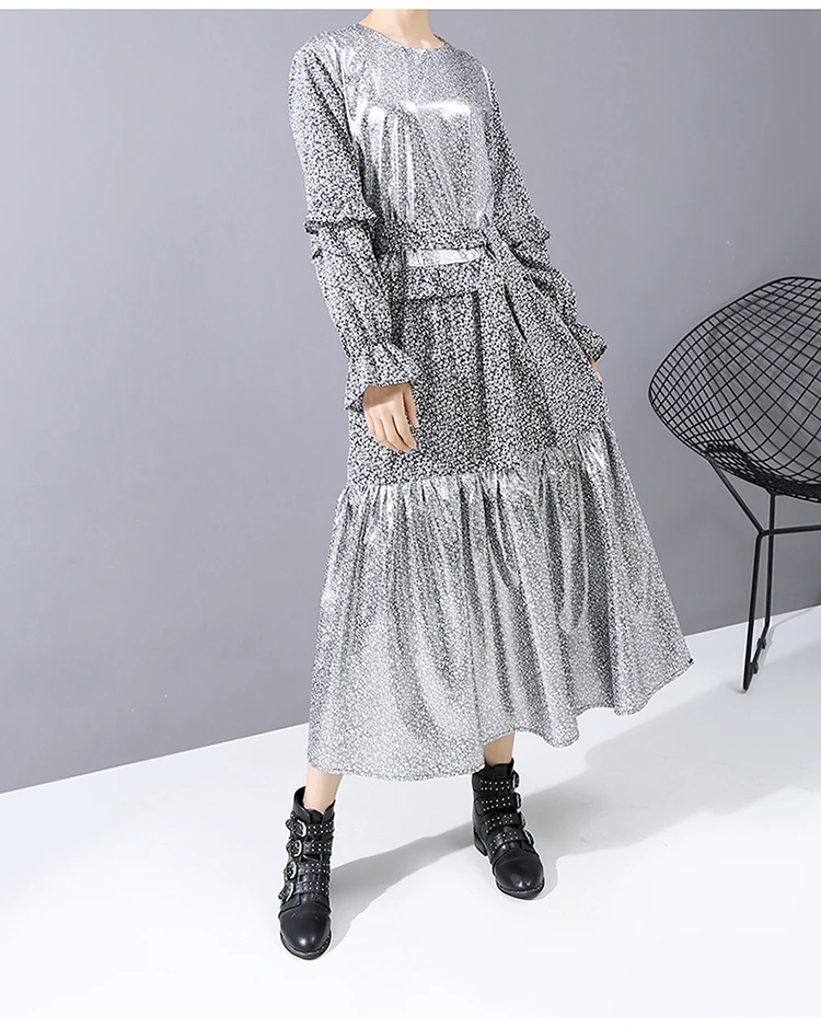 Новинка, женское модное зимнее блестящее Серебряное платье с длинными расклешенными рукавами и поясом со снежинками, женское элегантное стильное платье 5864