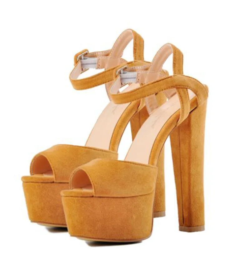 

Fashion Yellow Suede High Heel Sandals Open Toe Platform Thick Heels Shoes Woman Ankle Strap Party Dress Heels