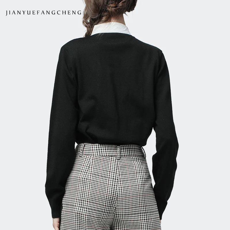 Women Cardigan Sweater Knitted Tops Casual Fake Two Pieces Set POLO Neck Long Sleeve Loose Thin Female Autumn Bottoming Sweaters