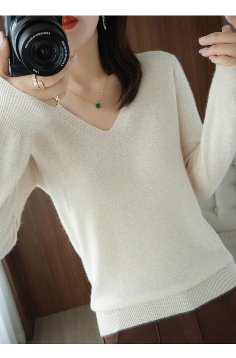 Autumn Winter New Cashmere Sweater Women Keep Warm V-neck Pullovers Knitting Sweater Fashion Korean Long Sleeve Loose Tops
