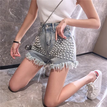 

2020 Summer New Korean Short Jeans Hot Pants Girls Beads High-waisted Denim Shorts Women's Loose-Fit Wide-Leg Shorts Students