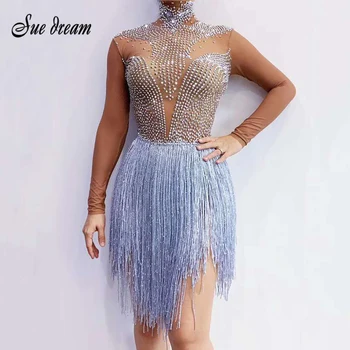 

2020 New Women's Long Sleeve Turtleneck Diamond Mesh Transparent Tassel Mini Dress Birthday Dance Prom Celebrate Dance Costume