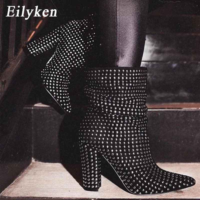 EilyKen/Новинка года; ботинки «Челси» с заклепками; женские ботильоны; зимние ботинки; обувь на высоком квадратном каблуке; женские ботинки; размеры 41, 42