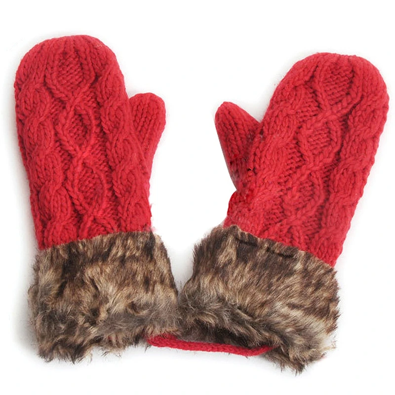 Теплые женские Тряпичные шерстяные зимние варежки вязаные флисовые меховые перчатки