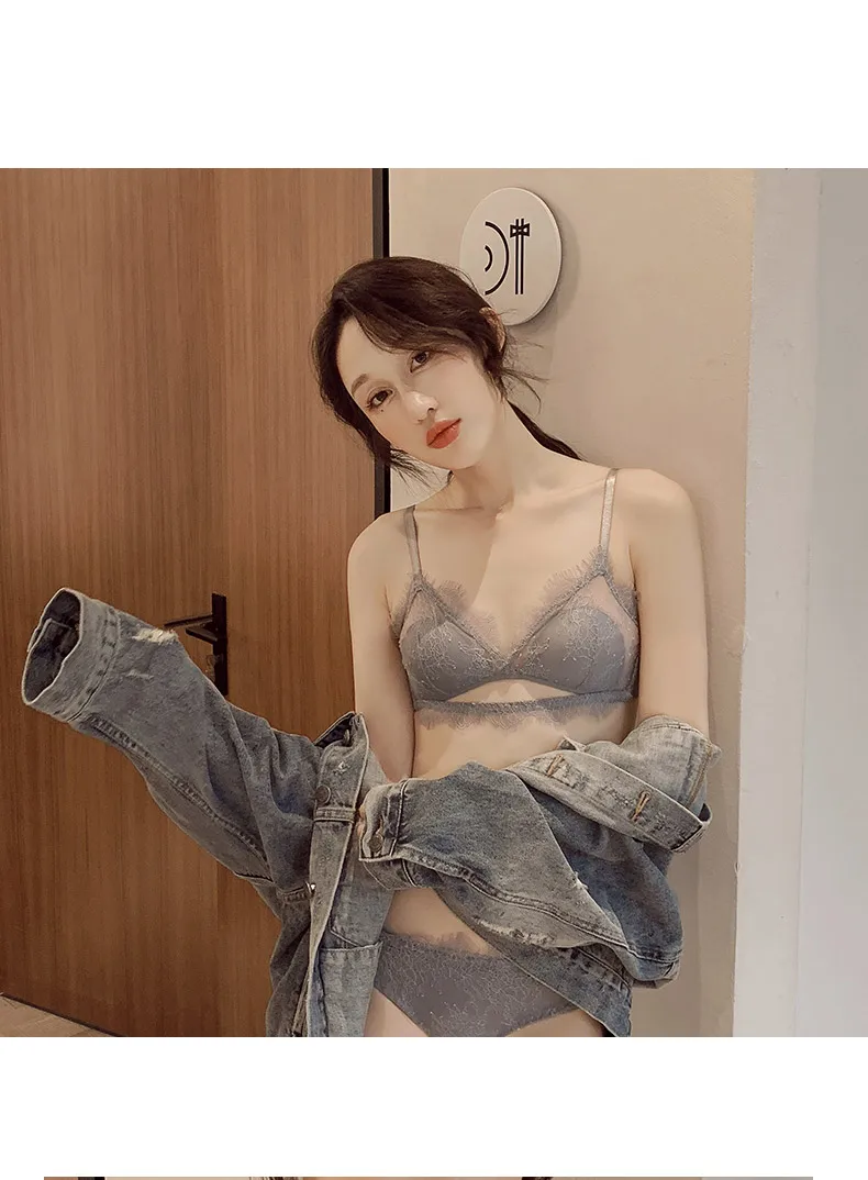 French lace embroidered bra sexy ultra-thin lace bra thin transparent half-cup underwear suit