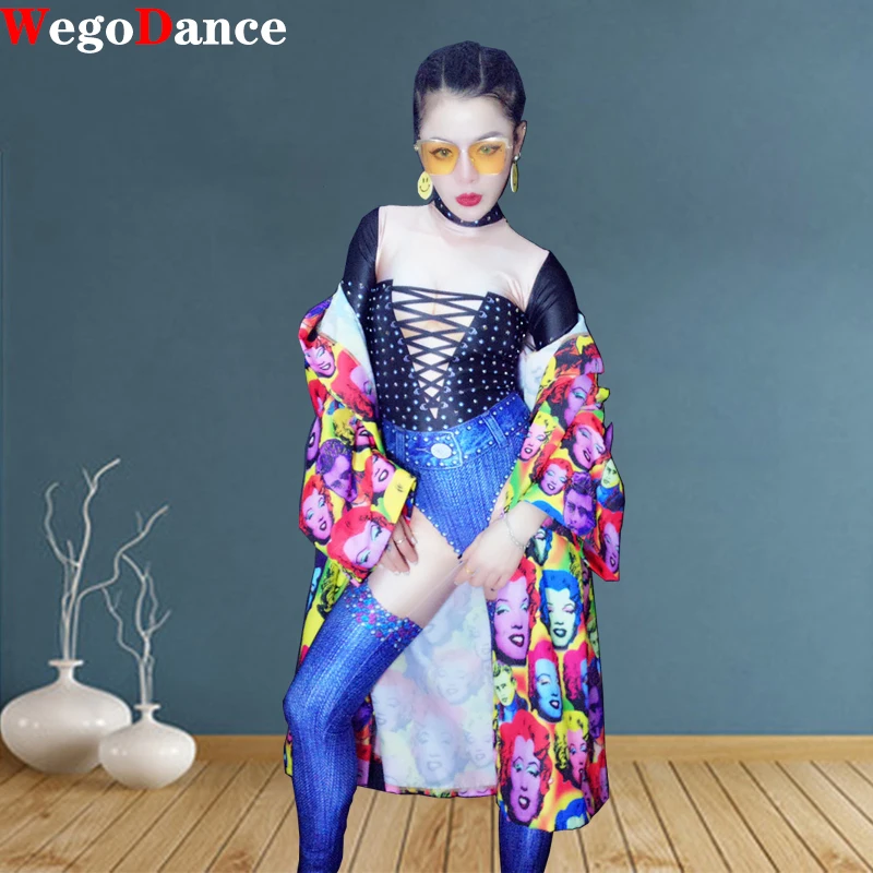 Spandex Printed Stretch Jumpsuit Rhinestones One Piece Bodysuit Costume Stage Outfit Singer Dancer Performance Rompers |