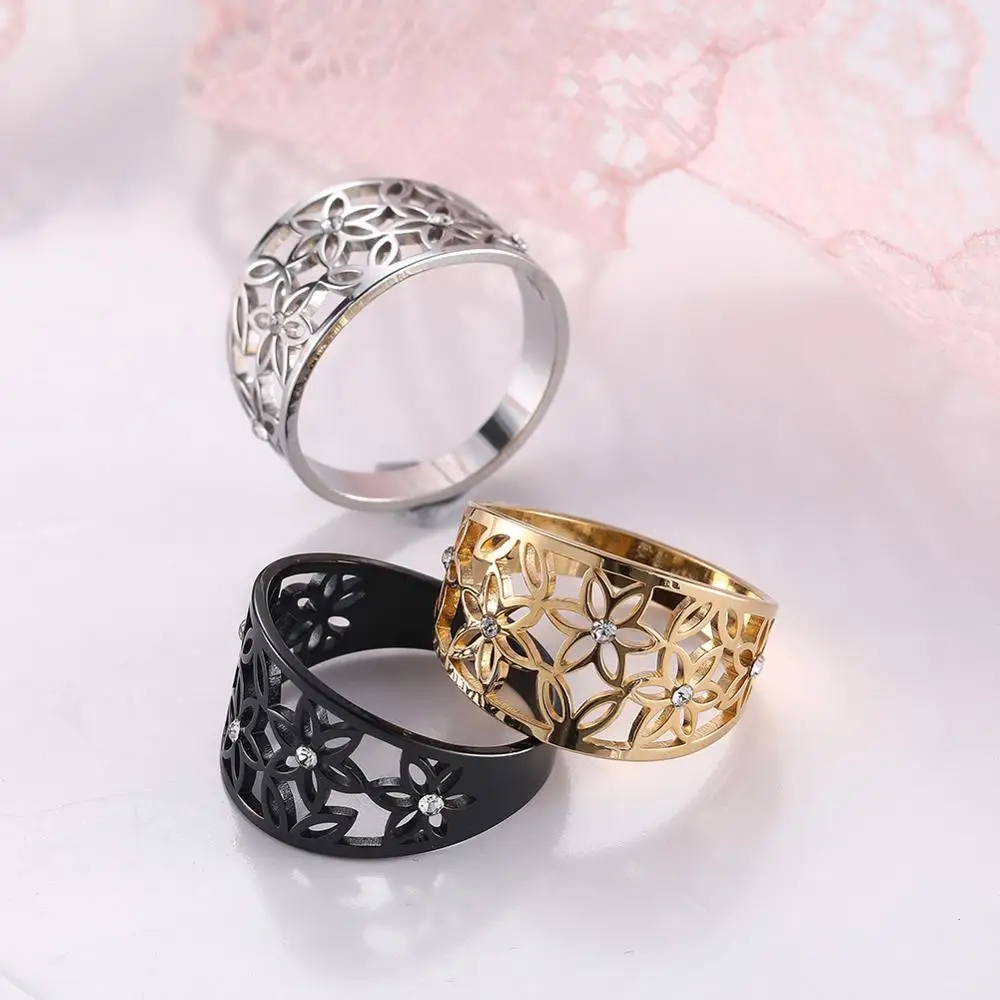 Finger-Ring Jewelry Zircon Flower Gift Stainless-Steel Black Friend-Lover Women Elegant