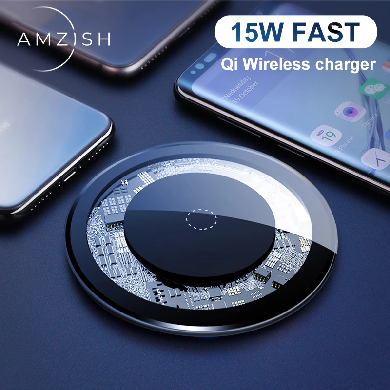 Беспроводное зарядное устройство amzish 15 Вт для iPhone 8 Plus X XR XS Max Samsung S9 S10 Note 9
