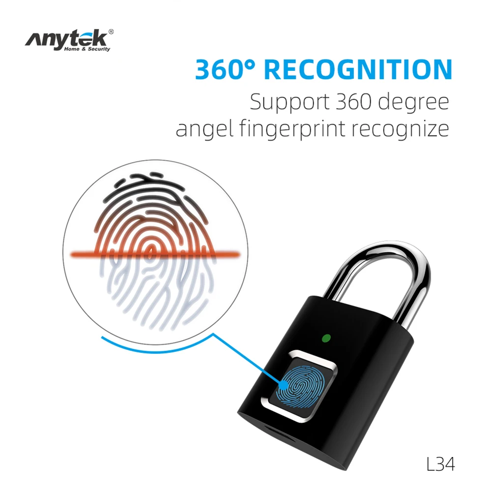 Anytek L34 Smart Fingerprint Padlock Mini Security USB Rechargeable Keyless Lock