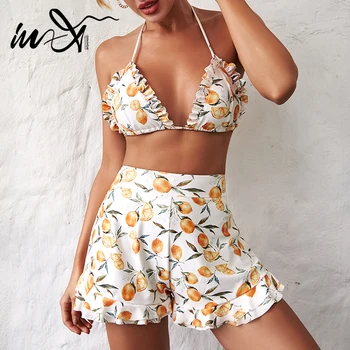

In-X High waist pants bikini 2020 Floral print swimsuit female Ruffle bikini Push up swimwear women Halter swimsuit Bathing suit