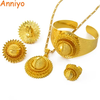 

Anniyo New Ethiopia set Jewelry Gold Color Pendant Chain/Clip Earrings/Bangle/Ring Africa Bride Eritrea set Ethiopian #000513